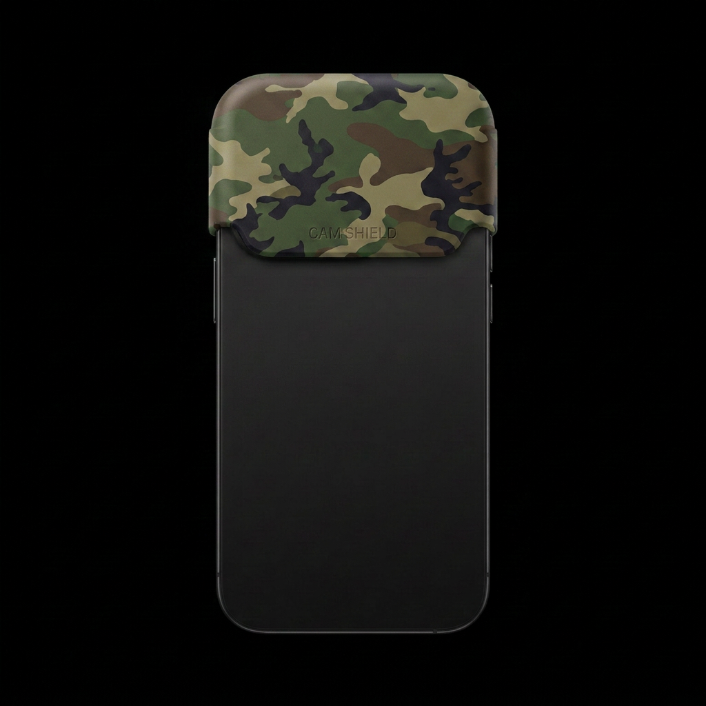 CAM SHIELD Woodland Camo edition installed on iPhone
